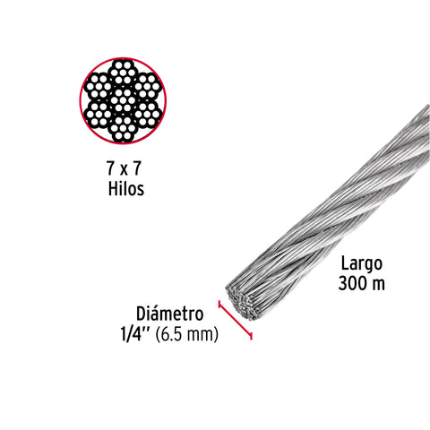 Metro de cable rígido 1/4' de acero 7x7 hilos, 300 m, FIERO | CAB-1/4R3 | 48799