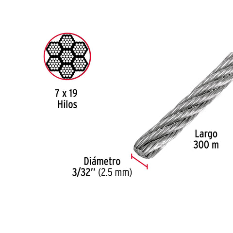 Metro de cable flexible 3/32' de acero 7x19 hilos, 300 m | CAB-3/32F3 | 48800