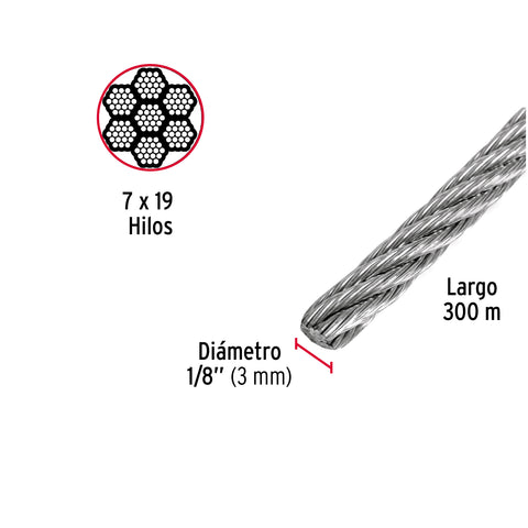 Metro de cable flexible 1/8' de acero 7x19 hilos, 300 m | CAB-1/8F3 | 48801