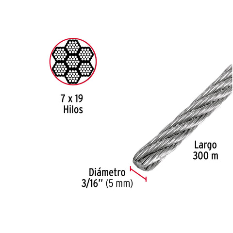 Metro de cable flexible 3/16' de acero 7x19 hilos, 300 m | CAB-3/16F3 | 48802