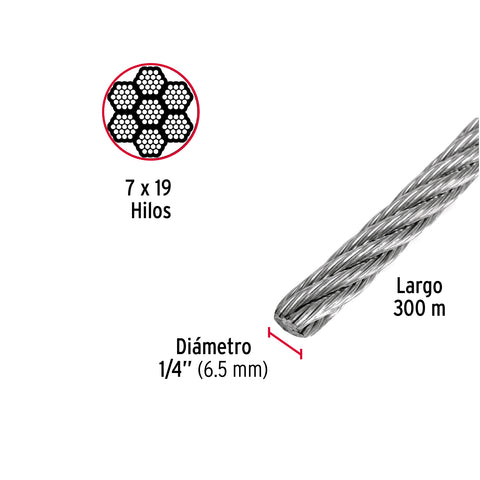 Metro de cable flexible 1/4' de acero 7x19 hilos, 300 m | CAB-1/4F3 | 48803