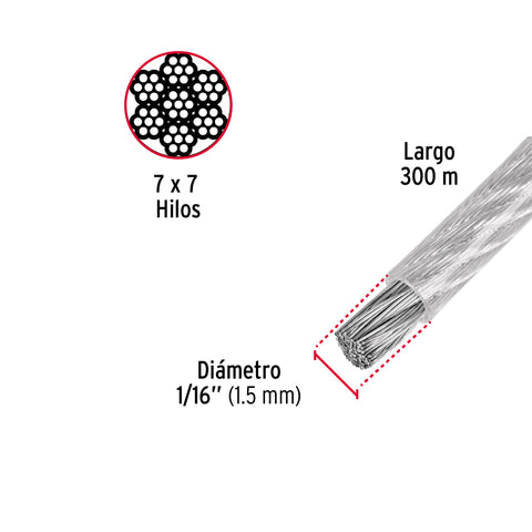 Metro de cable rígido 1/16' acero 7x7 recubierto PVC, 300 m | CAB-1/16RX3 | 48804
