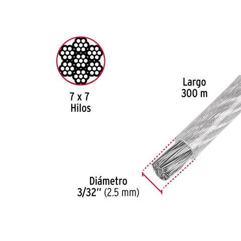 Metro de cable rígido 3/32' acero 7x7 recubierto PVC, 300 m | CAB-3/32RX3 | 48805