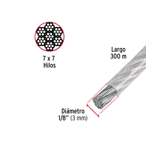 Metro de cable rígido 1/8' acero 7x7 recubierto PVC, 300 m | CAB-1/8RX3 | 48806