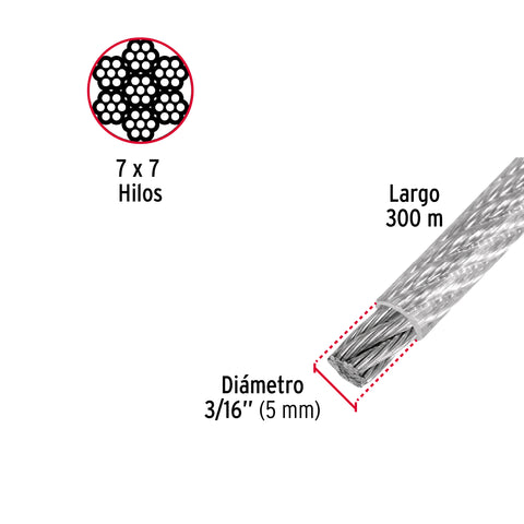 Metro de cable rígido 3/16' acero 7x7 recubierto PVC, 300 m | CAB-3/16RX3 | 48807