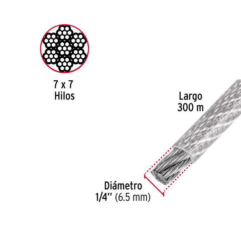 Metro de cable rígido 1/4' acero 7x7 recubierto PVC, 300 m | CAB-1/4RX3 | 48808