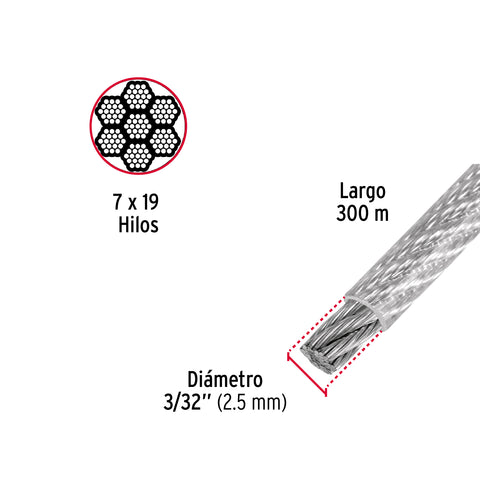 Metro cable flexible 3/32' acero 7x19 recubierto PVC, 300 m | CAB-3/32FX3 | 48809