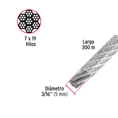 Metro cable flexible 3/16' acero 7x19 recubierto PVC, 300 m | CAB-3/16FX3 | 48811