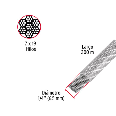 Metro cable flexible 1/4' acero 7x19 recubierto PVC, 300 m | CAB-1/4FX3 | 48812
