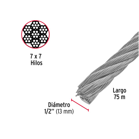 Metro de cable rígido 1/2' de acero 7x7 hilos, 75 m, FIERO | CAB-1/2R | 48815