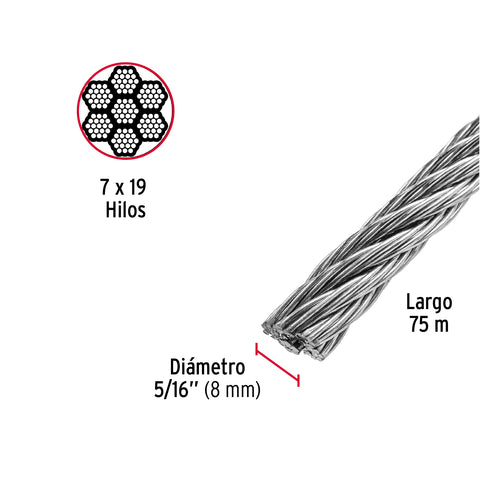 Metro de cable flexible 5/16' de acero 7x19 hilos, 75 m | CAB-5/16F | 48816