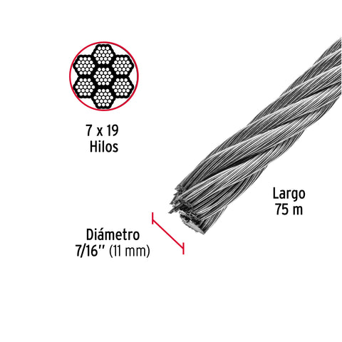Metro de cable flexible 7/16' de acero 7x19 hilos, 75 m | CAB-7/16F | 48818