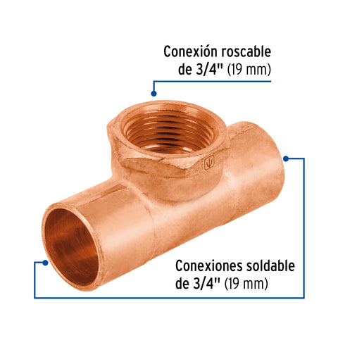 Tee de cobre rosca interior central 3/4', FOSET | CC-702 | 48886