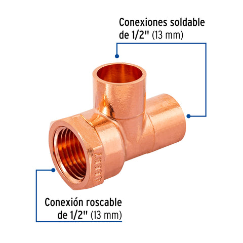 Tee de cobre rosca interior lateral 1/2', FOSET | CC-711 | 48887