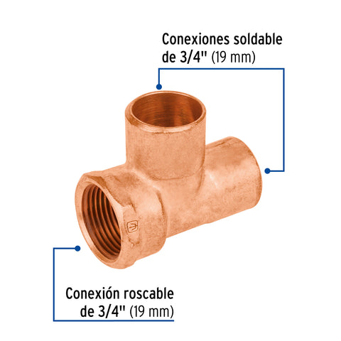 Tee de cobre rosca interior lateral 3/4', FOSET | CC-712 | 48888