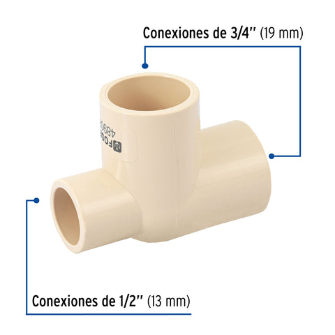 Tee reducida lateral de CPVC 3/4' x 1/2' x 3/4', FOSET | CPVC-726 | 48908