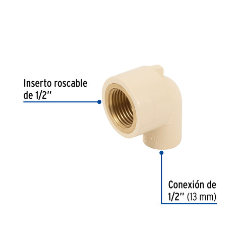 Codo 90° de CPVC con inserto latón 1/2', FOSET | CPVC-501 | 48909