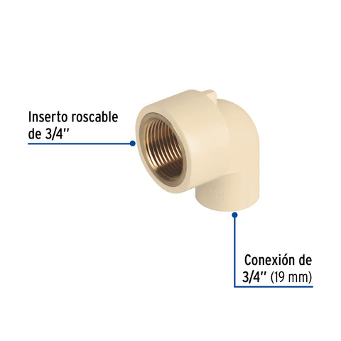 Codo 90° de CPVC con inserto latón 3/4', FOSET | CPVC-502 | 48910