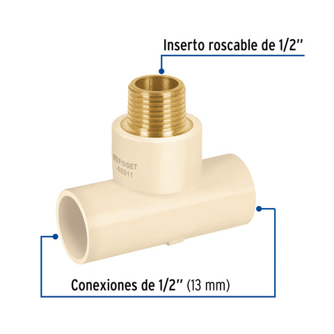 Tee de CPVC 1/2' rosca central macho inserto latón, FOSET | CPVC-711 | 48911