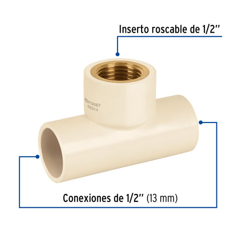 Tee de CPVC 1/2' rosca central hembra inserto latón, FOSET | CPVC-701 | 48914
