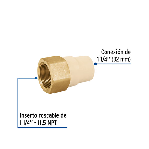 Adaptador hembra de CPVC 1-1/4' con inserto de latón, FOSET | CPVC-644 | 48960