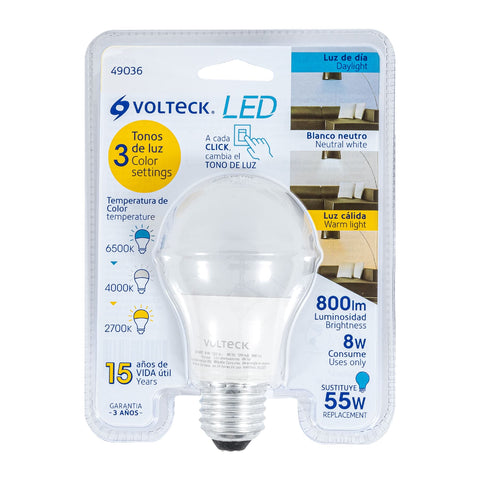 Lámpara LED tipo bulbo con 3 tonos de luz, blíster, Volteck | LED-603T | 49036