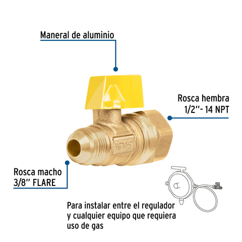 Válvula de control de latón para gas, 3/8' x 1/2', FOSET | VG-554 | 49115