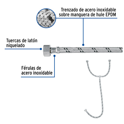 Manguera 'T' lavabo/fregadero,acero inox,1/2'x1/2'x1/2',55cm | FTE-55X | 49124
