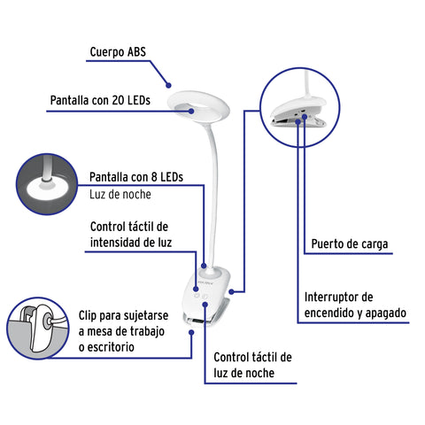 Lámpara escritorio LED 4 W recargable c/clip, 3 intensidades | LES-40L | 49201