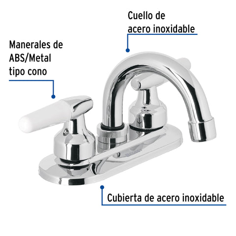 Mezcladora 4' para lavabo, cuello curvo, manerales cono | M-050I | 49204