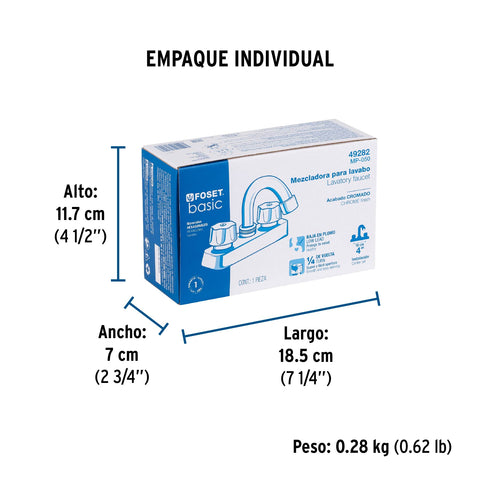 Mezcladora 4' lavabo, ABS, cuello curvo, hexagonal, BASIC | MP-050 | 49282