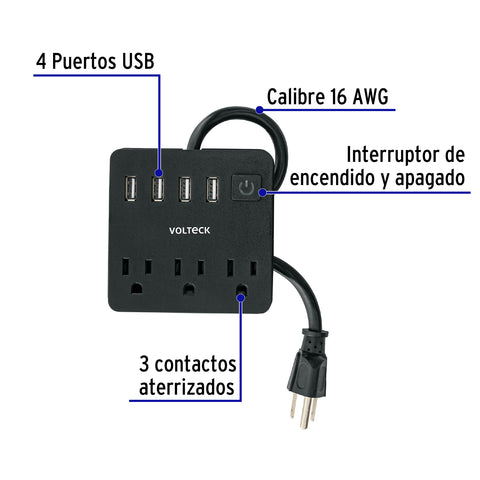 Multicontacto 16 AWG doméstico, 3 entradas 4 ptos USB, negro | MUL-3UN | 49321