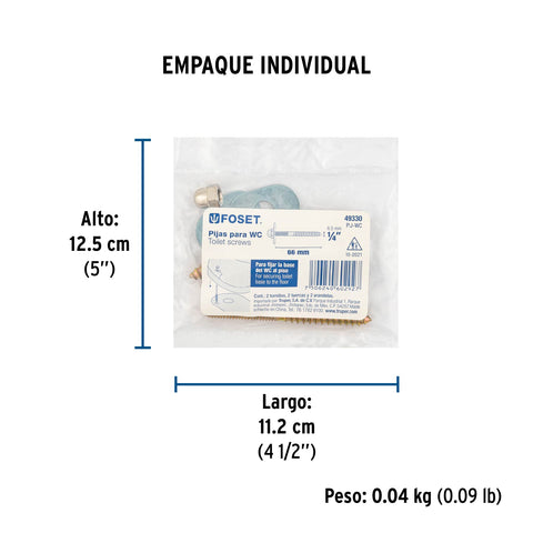 Bolsa con 2 pijas 1/4' x 66 mm para base de WC a piso, FOSET | PIJ-WC | 49330