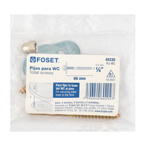 Bolsa con 2 pijas 1/4' x 66 mm para base de WC a piso, FOSET | PIJ-WC | 49330