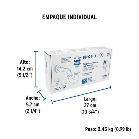 Céspol 1-1/4', contra tipo moneda, latón cromo, para lavabo | CE-208 | 49337