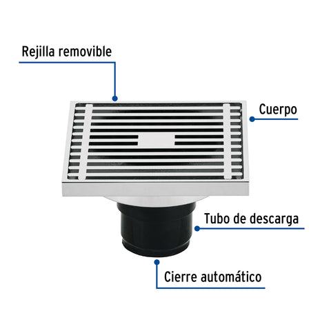 Resumidero cuadrado 4 x 4', latón, cromo, FOSET RIVIERA | RS-801 | 49427