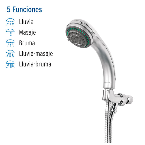 Regadera de teléfono 3-1/4', 5 funciones, con soporte, AQUA | R-018 | 49432
