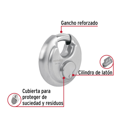 Candado circular acero inox, cilindro latón, 70 mm | CA-70C | 49473