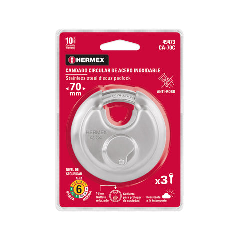 Candado circular acero inox, cilindro latón, 70 mm | CA-70C | 49473
