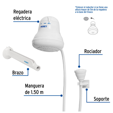 Regadera eléctrica, 4 temperaturas, 14.5cm, blanca, FOSET | REGEL-4 | 49491