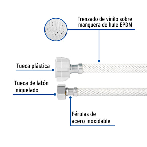 Manguera p/WC vinilo blanco 1/2'x7/8', 60cm, plástico/latón | FWC-P60B | 49522