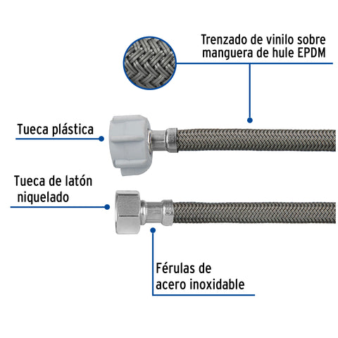 Manguera p/WC, vinilo gris, 1/2'x7/8', 60cm, plástico/latón | FWC-P60V | 49524