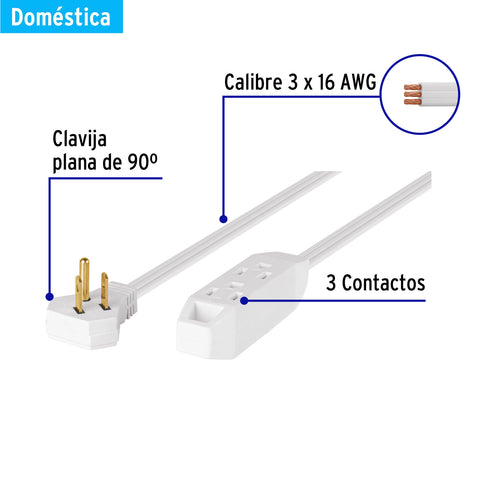 Extensión doméstica aterrizada 8 m blanca con clavija plana | EDA-8B | 49572