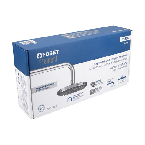 Regadera cromo 6' plato redondo, con brazo, FOSET ELEMENT | R-206 | 49576