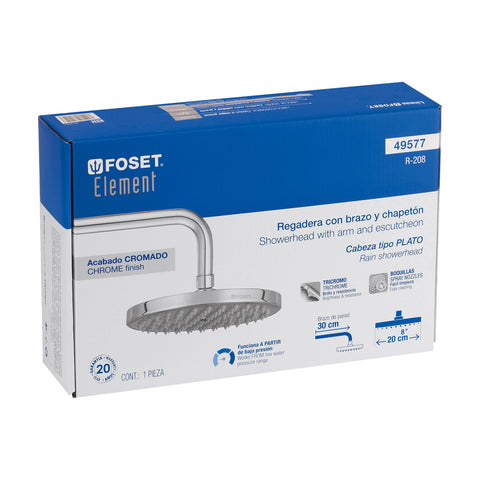 Regadera cromo 8' plato redondo, con brazo, FOSET ELEMENT | R-208 | 49577