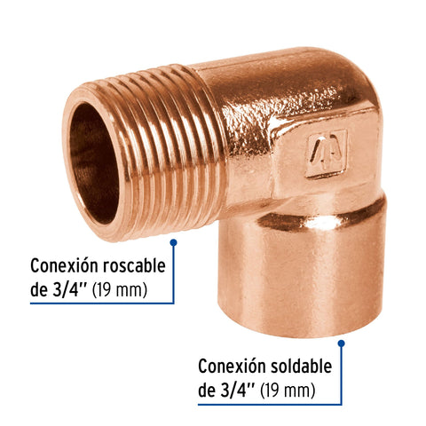 Codo 90° de cobre, rosca exterior 3/4', FOSET | CC-512 | 49648