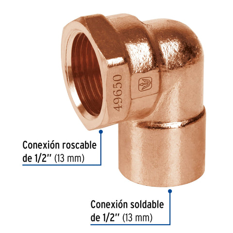 Codo 90° de cobre, rosca interior 1/2', FOSET | CC-501 | 49650