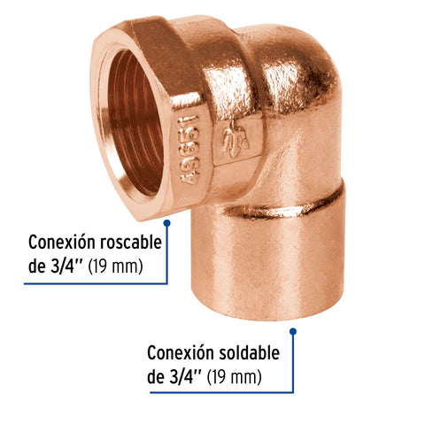 Codo 90° de cobre, rosca interior 3/4', FOSET | CC-502 | 49651
