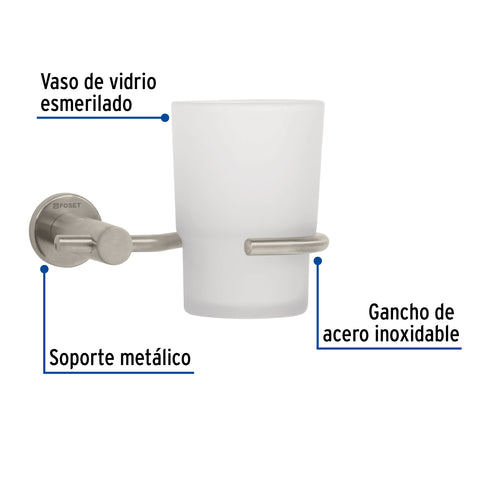 Portavaso cepillero satín con vaso de vidrio, FOSET ELEMENT | ELA-71N | 49674