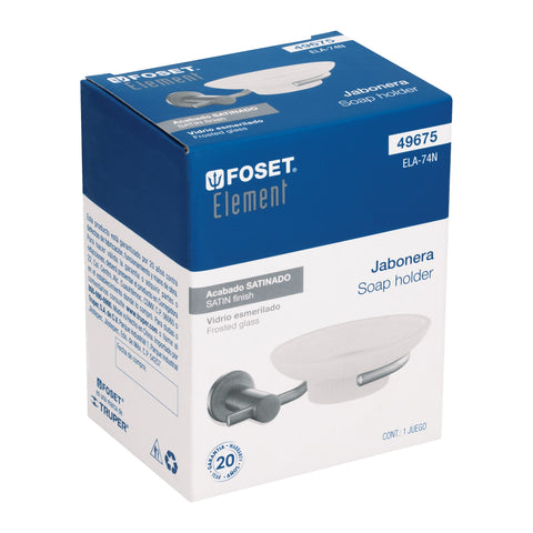 Jabonera metálica satín con plato de vidrio, FOSET ELEMENT | ELA-74N | 49675